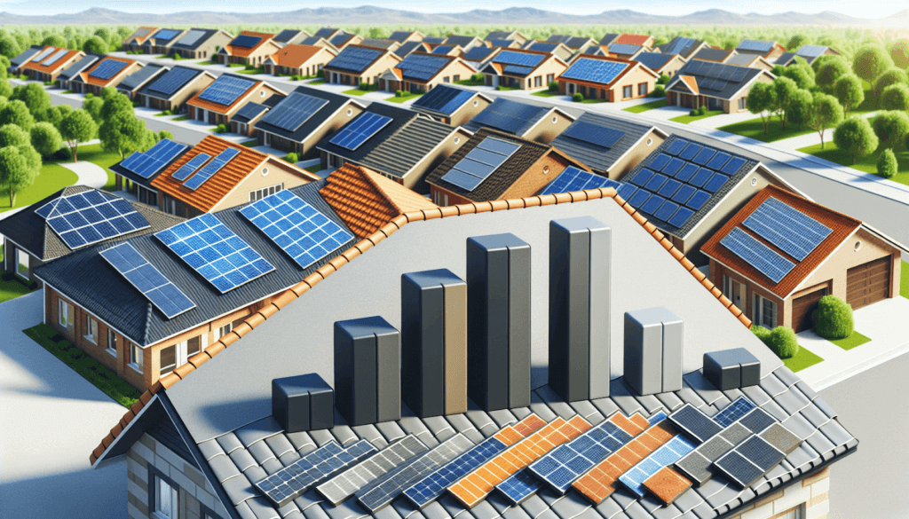Illustration of a suburb of houses with new roofs containing solar panels. 