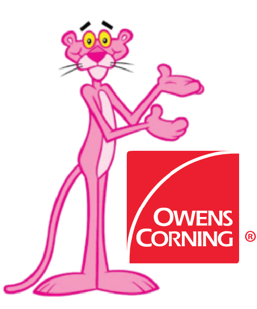 Pink Panther character standing next to the Owens Corning logo.