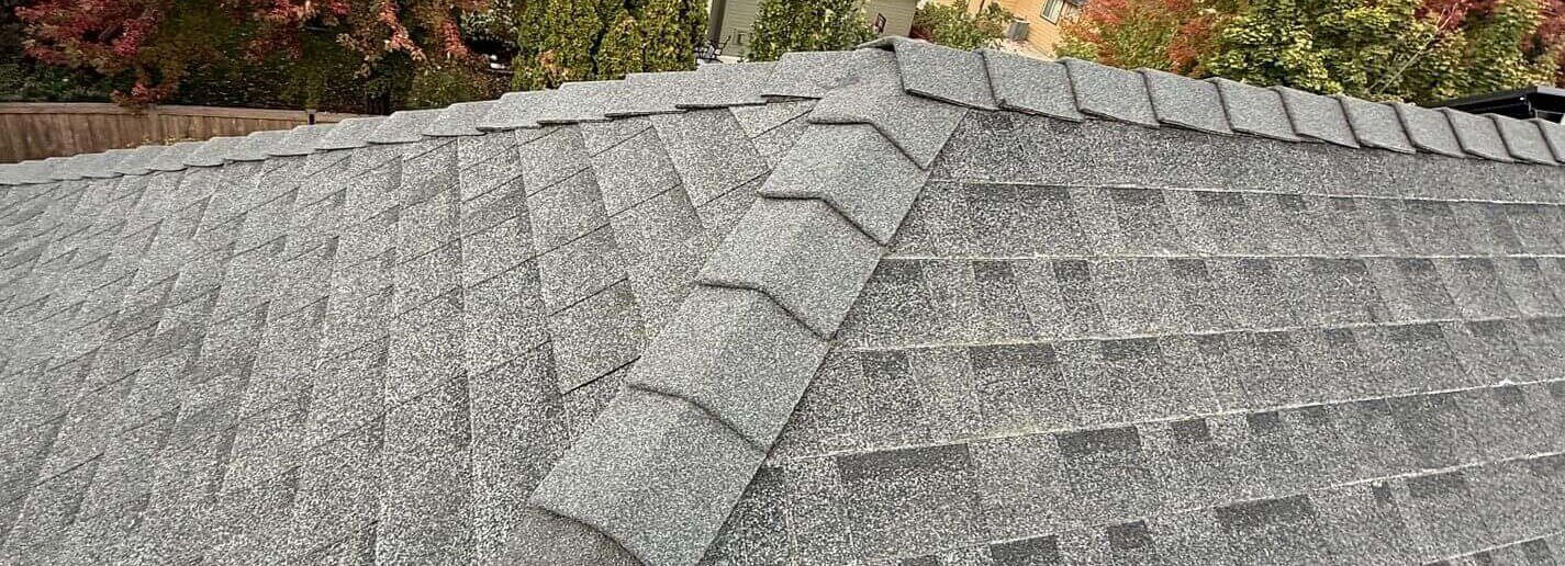 Light gray asphalt shingles with uniform granule coverage and neat ridge cap detailing.