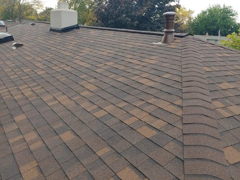 Back of roof with multi-toned brown architectural shingles, multiple roof vents and white chimney cap.