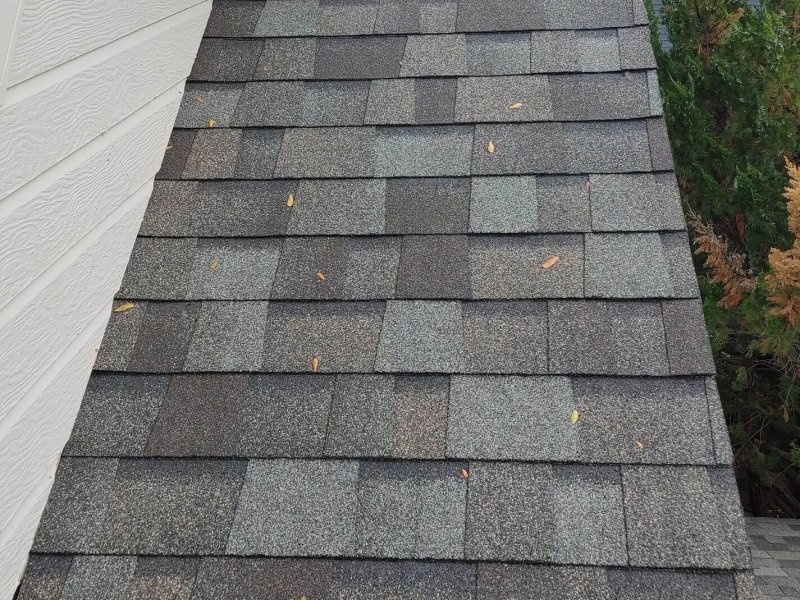 Architectural shingles in varied gray tones, showcasing precise installation along residential roof edge.